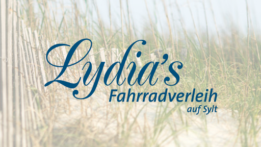 Blauer Schriftzug Lydias Fahrradverleih auf hellem Hintergrund