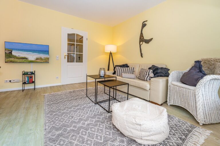 Wohnbereich mit Blick auf Sofa und Sylt-Silhouette im Hintergrund: TV und Bücherauswahl