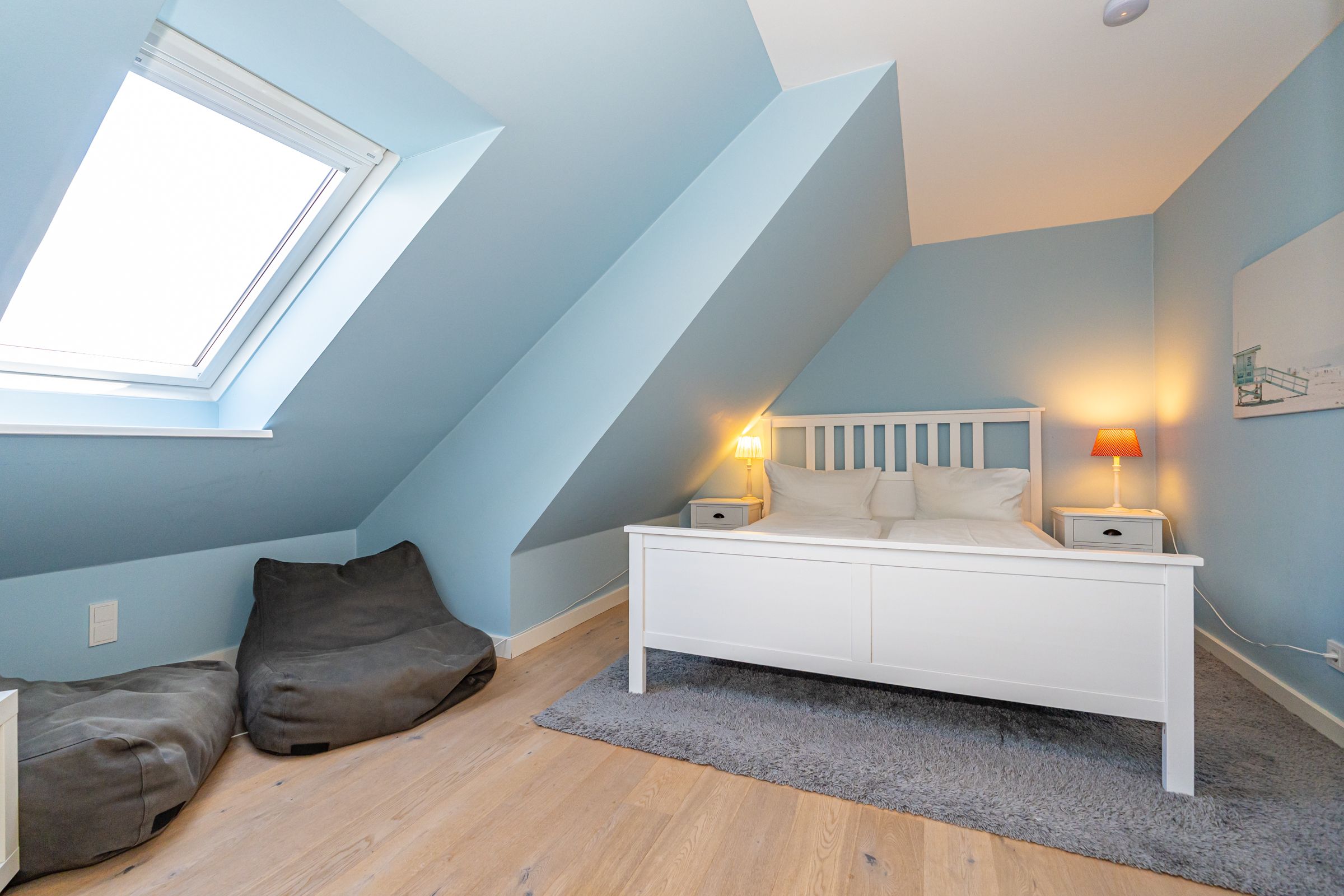 Schlafzimmer, Bett, Sitzsack, Bild, Fenster